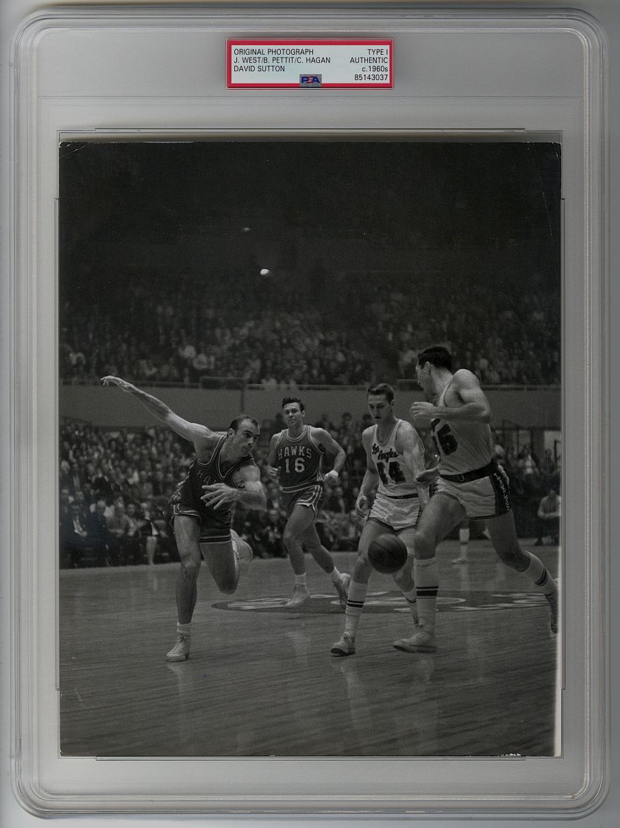 1960's Jerry West, Rudy LaRusso, Bob Pettit, Cliff Hagan Lakers vs Hawks Original TYPE 1 Photo PSA/DNA