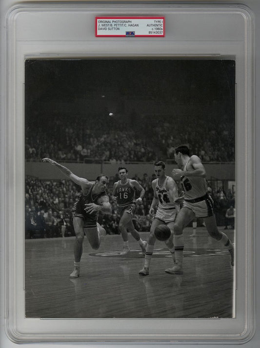 1960's Jerry West, Rudy LaRusso, Bob Pettit, Cliff Hagan Lakers vs Hawks Original TYPE 1 Photo PSA/DNA