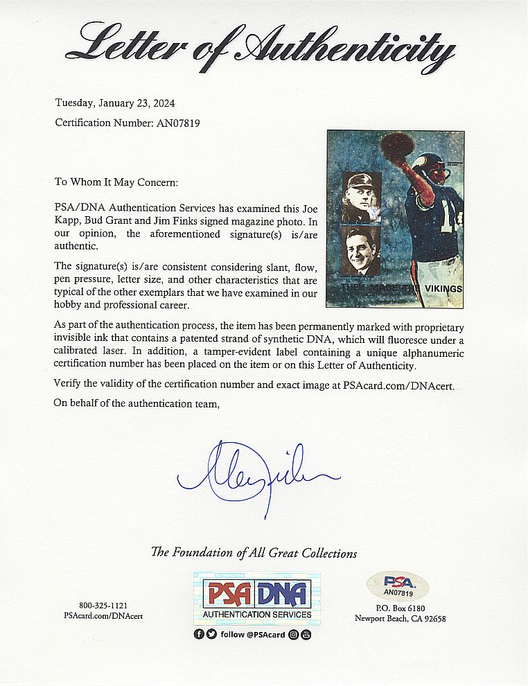Jim Finks Bud Grant & Joe Kapp Vikings Legends Signed AUTO Sport Magazine PSA/DNA LOA