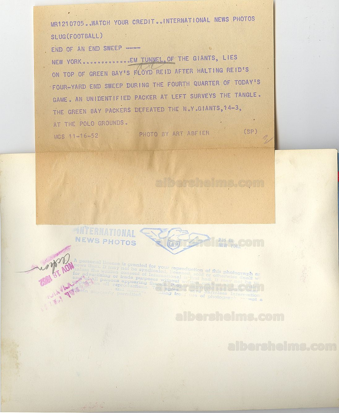 NY Giants Football Hall of Famer - Emlen Tunnell Makes Vicious Hit on Green Bay Packers 1952 Original TYPE 1 Photo