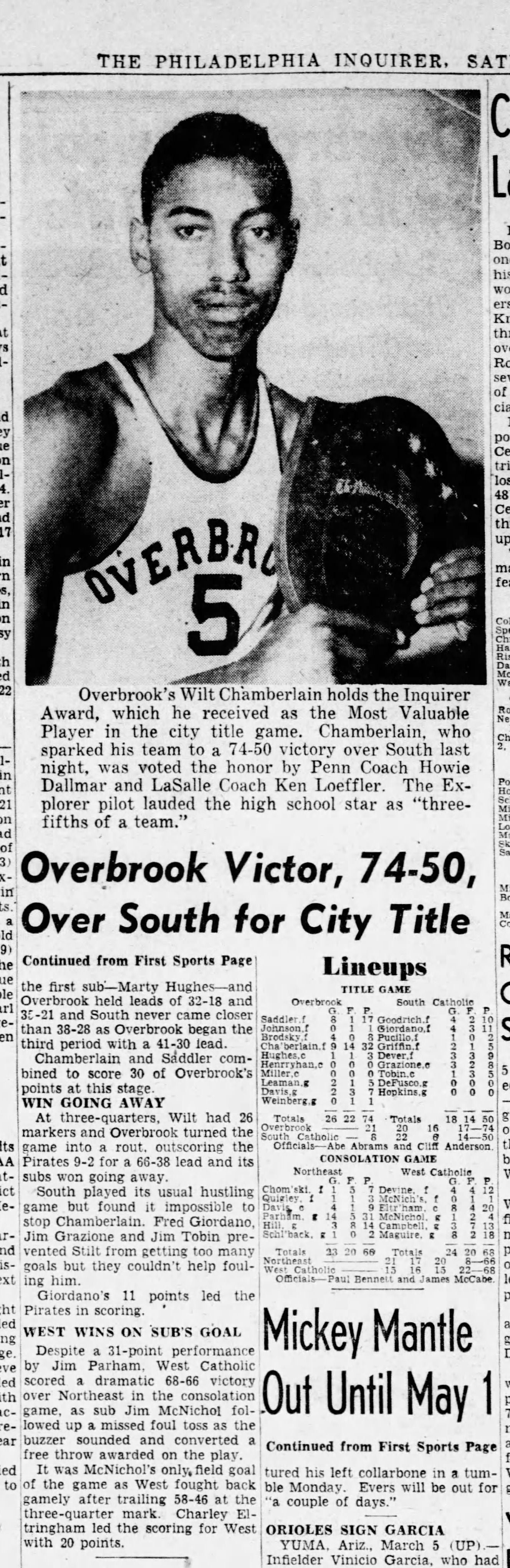 Wilt Chamberlain 1954 Overbrook High School Philadelphia Basketball City Championship Program