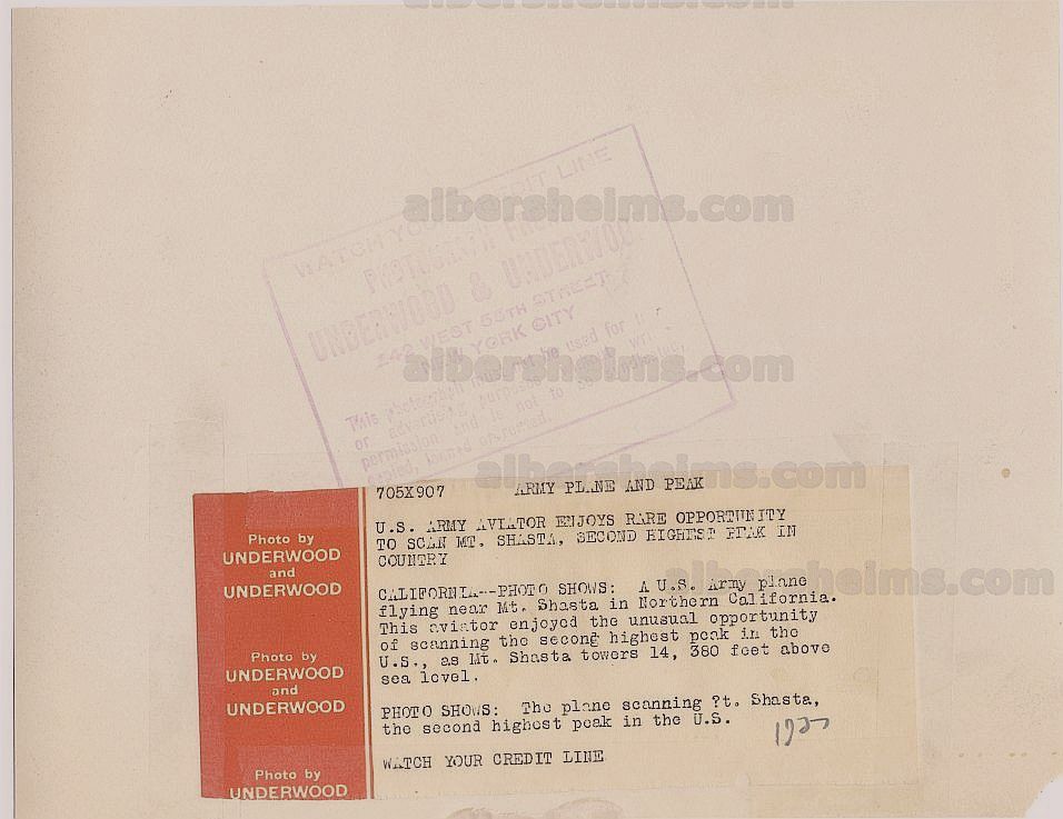 Breathtaking Original 1927 Photo of a U.S. Army Airplane Flying Over Mount Shasta