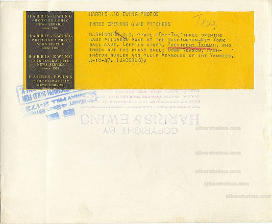 1947 Harry Truman Greets Opening Day Pitchers Senators Bobo Newsom & Yankees Allie Reynolds Original TYPE 1 Photo