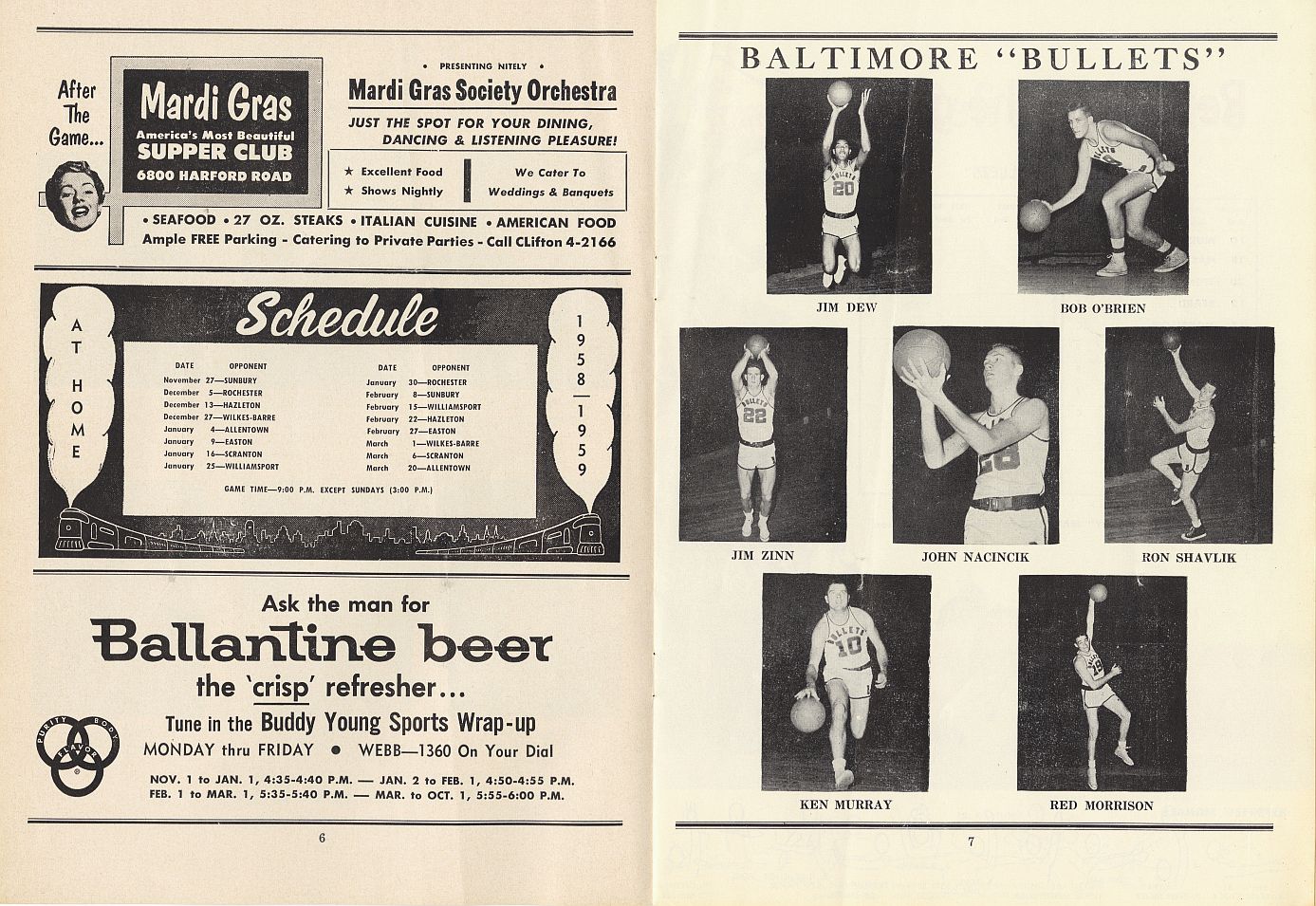 Baltimore Bullets vs. Williamsport Billies February 15, 1959 EPBL Eastern League Basketball Program