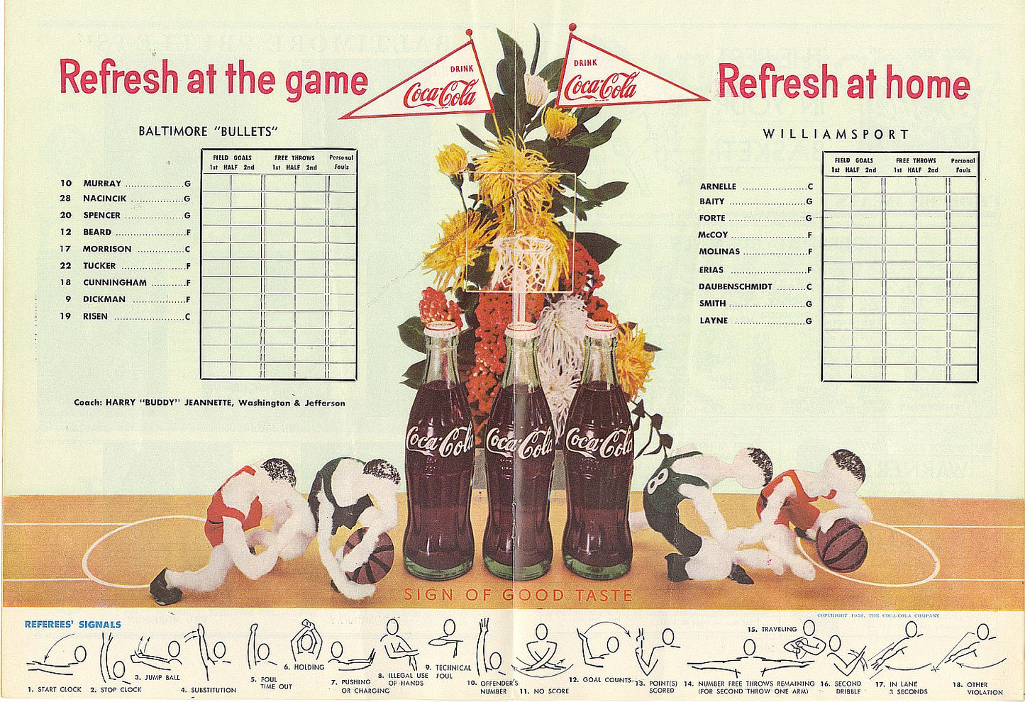 Baltimore Bullets vs. Williamsport Billies February 15, 1959 EPBL Eastern League Basketball Program