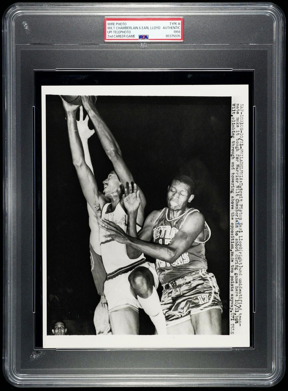 1959 Wilt Chamberlain 2nd Career NBA Game Home Debut vs. HOFer NBA Pioneer Earl Lloyd Pistons Original TYPE III Photo PSA/DNA
