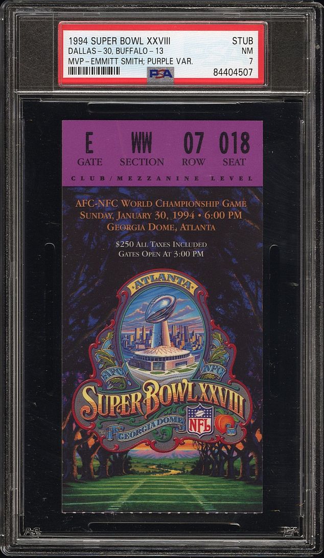 1994 NFL Super Bowl XXVIII 28 Ticket Stub Dallas Cowboys vs Buffalo Bills Emmitt Smith MVP PSA 7