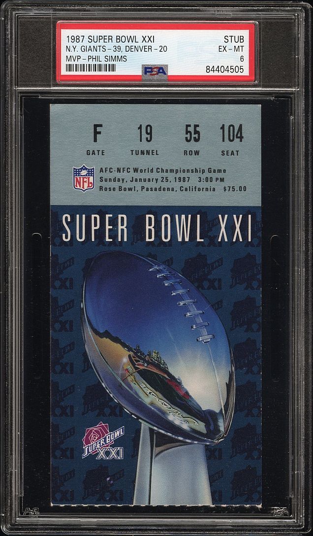 1987 SUPER BOWL XXI TICKET STUB 21 NY Giants 39 vs Denver Broncos 20 MVP Phil Simms PSA 6
