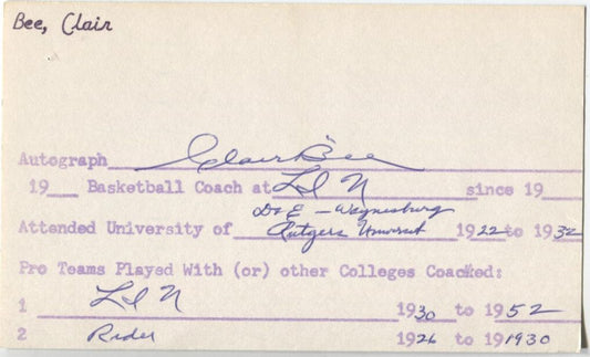 Clair Bee signed 3x5 card document D. 1983 Basketball HOF