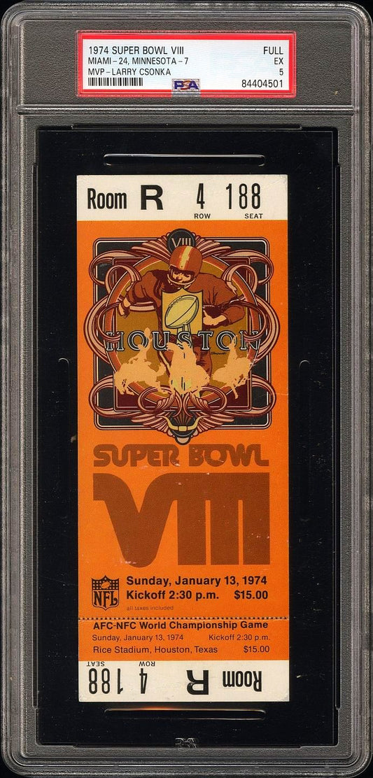 1974 SUPER BOWL 8 VIII FULL TICKET PSA 5 MIAMI DOLPHINS v MINNESOTA VIKINGS - Larry Csonka MVP