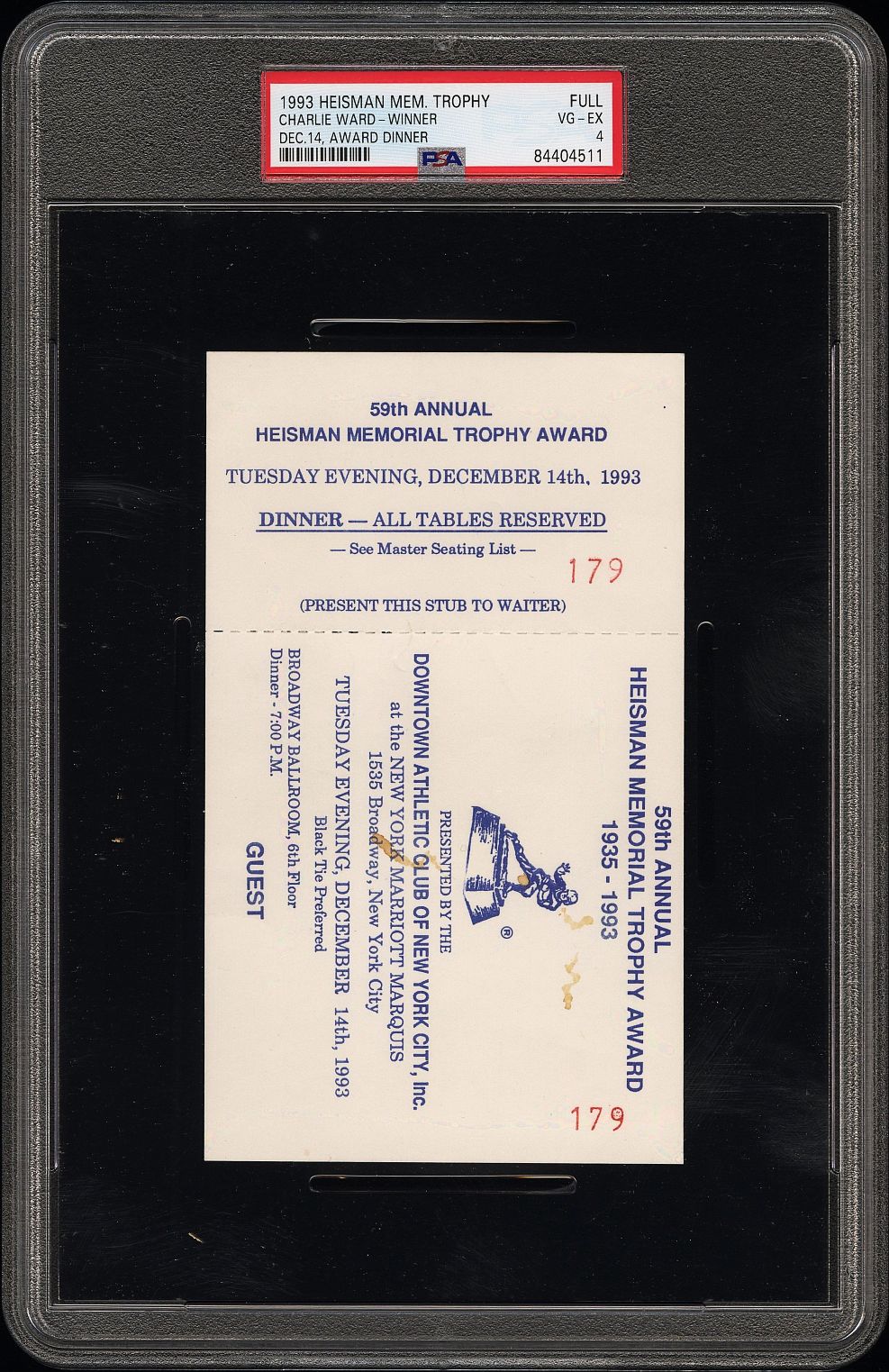 Heisman Memorial Trophy Full Ticket December 14, 1993 - Charlie Ward Winner PSA 4 Pop 1