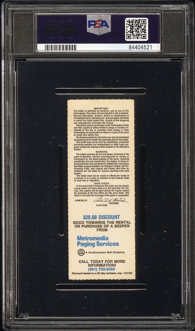 8/17 1989 Orioles Blue Jays Cal Ripken Jr. 1208th Consecutive Game Passes Steve Garvey Ticket Stub PSA 3 POP 1