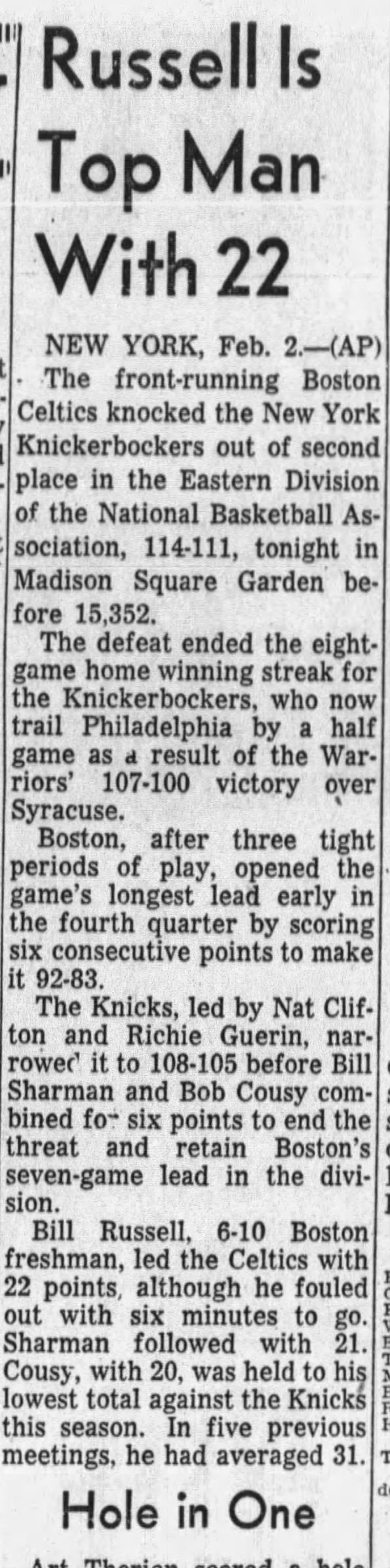 February 2, 1957 Knicks vs. Boston Celtics Bill Russell Rookie 22 PTS/21 REB PSA 4 Pop 1