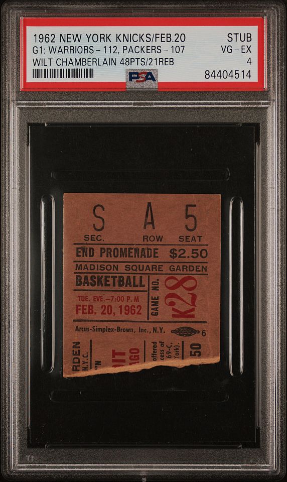 February 20, 1962 NY Knicks v Pistons & Warriors v Chicago Packers Wilt Chamberlain 48 PTS/21 REB PSA 4 Pop 1