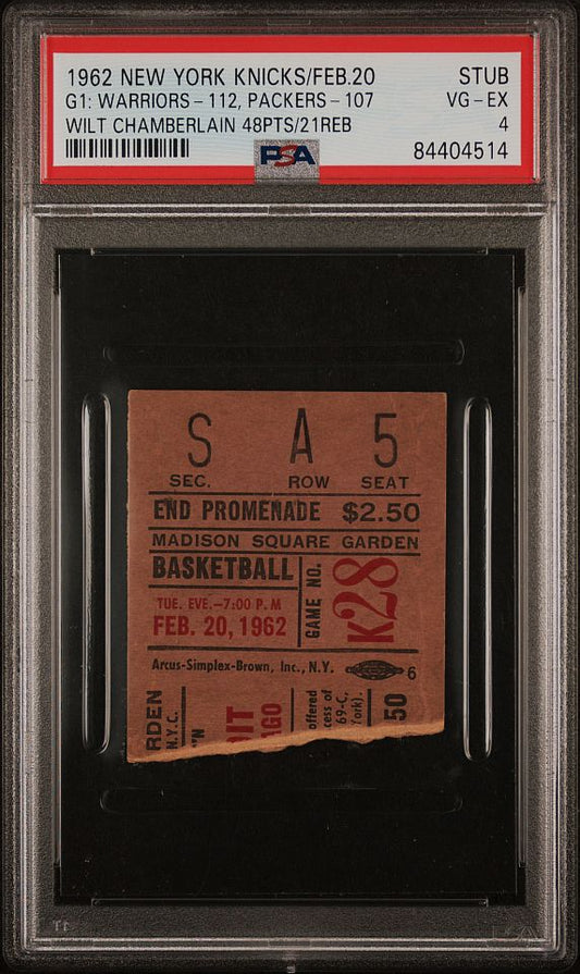 February 20, 1962 NY Knicks v Pistons & Warriors v Chicago Packers Wilt Chamberlain 48 PTS/21 REB PSA 4 Pop 1