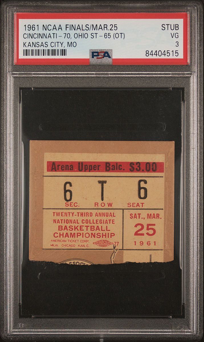 1961 NCAA Finals Cincinnati 70 v Ohio State 65 (OT) Ticket Stub PSA 3 POP 1