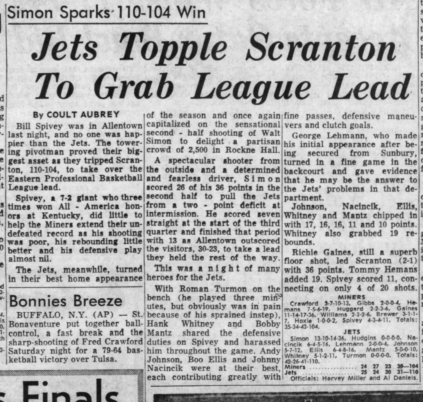 1963-64 Allentown Jets vs. Scranton Miners EPBL Eastern League Basketball Program
