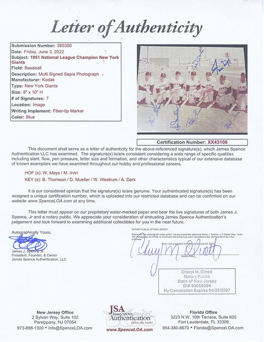 Willie Mays & 1951 NL Champions NY Giants Multi Signed AUTO Photo JSA LOA