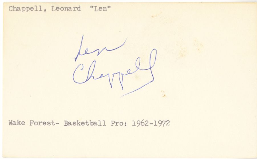 Len Chappell NBA ABA Basketball Nats Knicks Bulls Bucks Signed AUTO 3x5 index card