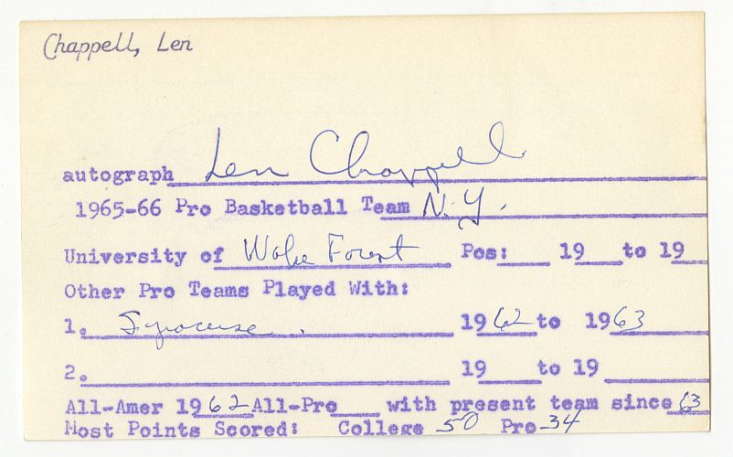 Len Chappell NBA 1966 NY Knicks Signed AUTO 3x5 Document index card