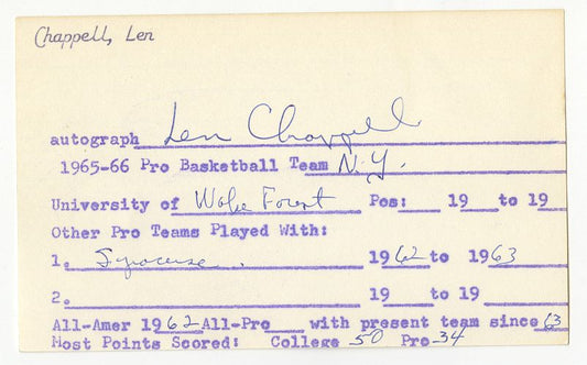 Len Chappell NBA 1966 NY Knicks Signed AUTO 3x5 Document index card