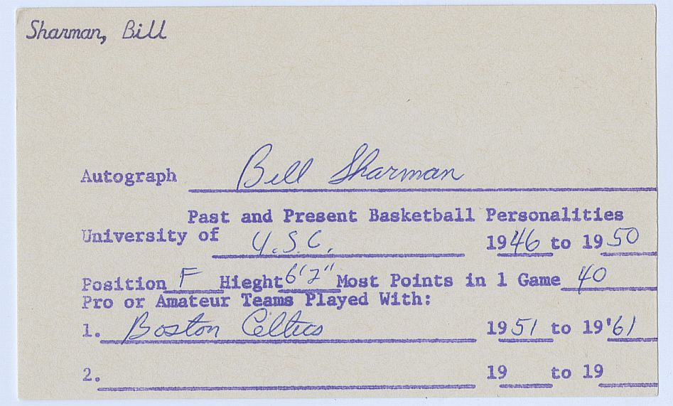 Bill Sharman Celtics Lakers Basketball HOF Signed AUTO 3x5 Document Information index card