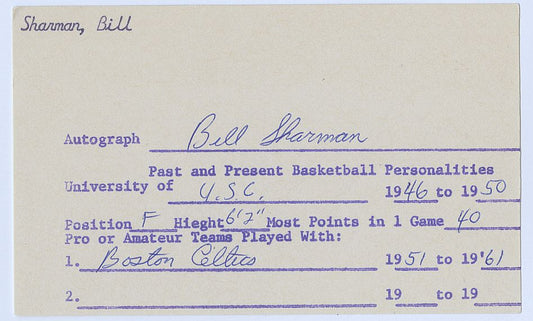 Bill Sharman Celtics Lakers Basketball HOF Signed AUTO 3x5 Document Information index card