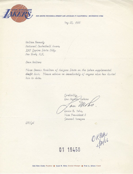 Lou Mohs 1922-24 NFL Player & FIRST L.A. Lakers G.M. Signed Letter D.1967