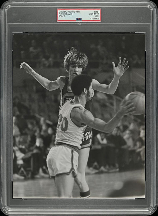 1970-71 Pete Maravich Rookie Year Defending against Buffalo Braves Original TYPE 1 Photo PSA/DNA