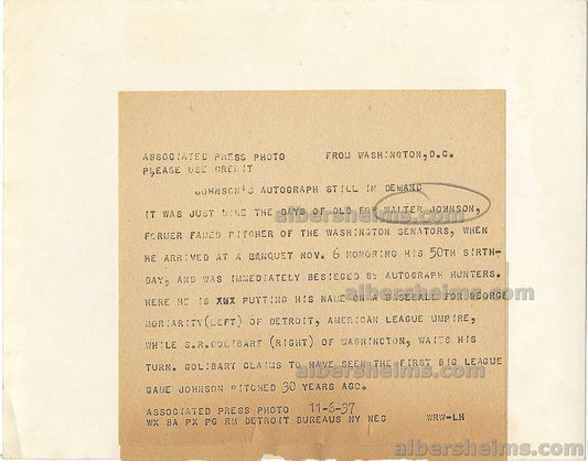 1937 Walter Johnson Signing Baseball & Ump George Moriarty Original TYPE 1 Photo