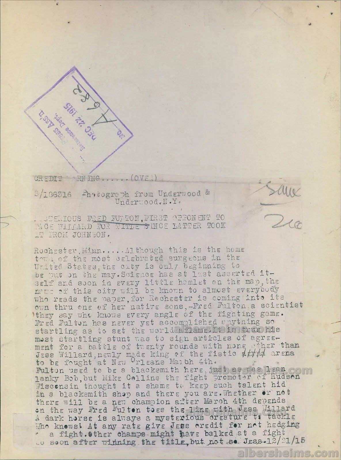 1915 Heavyweight Contender Fred Fulton Set to Fight Jess Willard Original TYPE I Photo