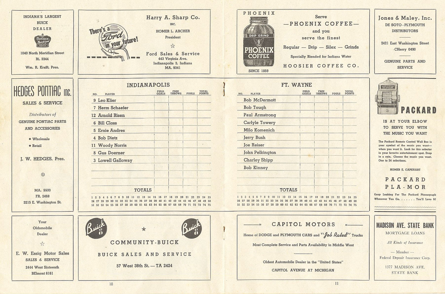 1946-47 Indianapolis Kautskys vs. Ft Wayne Pistons Program 1st Year NBA