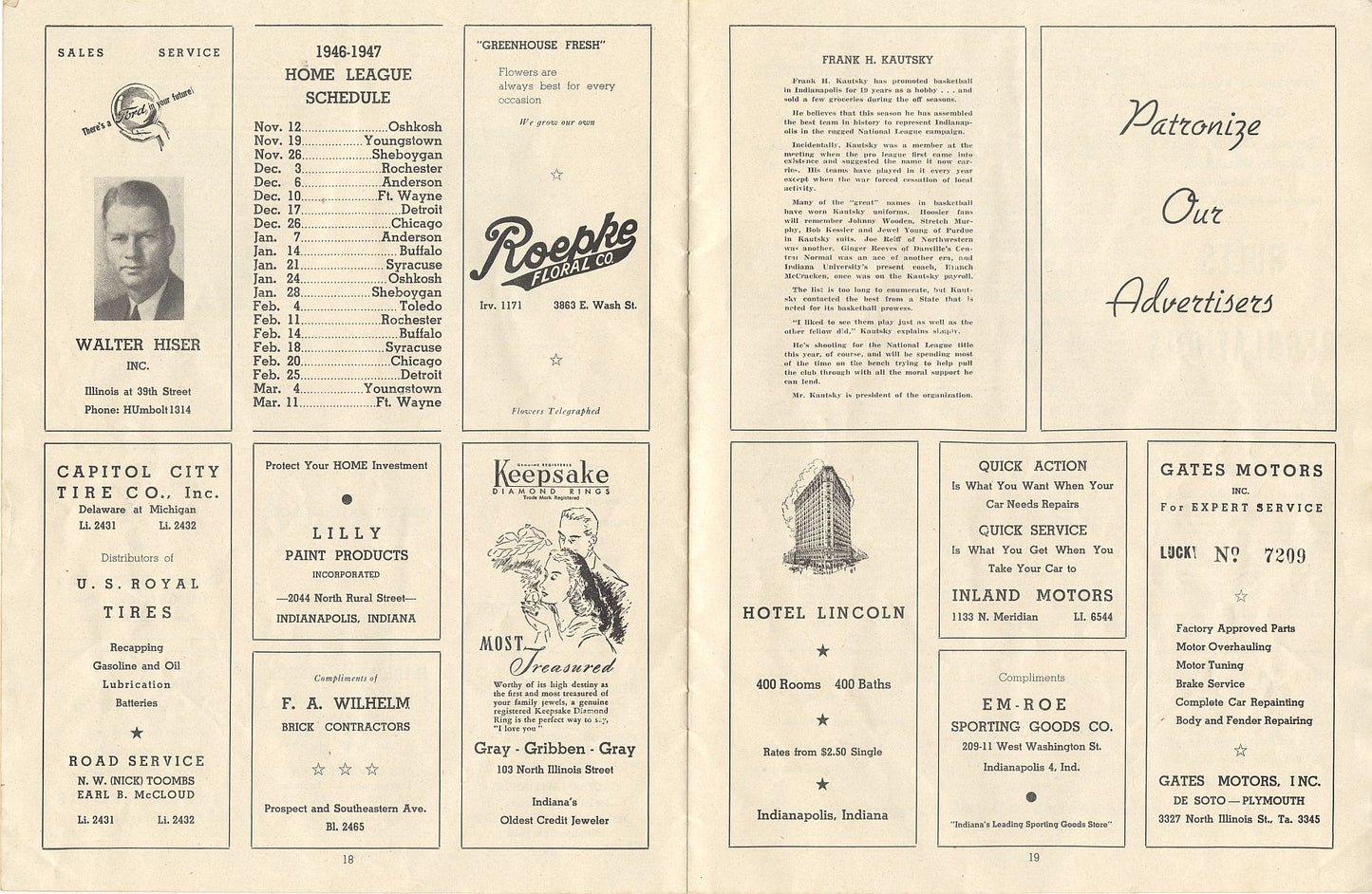 1946-47 Indianapolis Kautskys vs. Ft Wayne Pistons Program 1st Year NBA