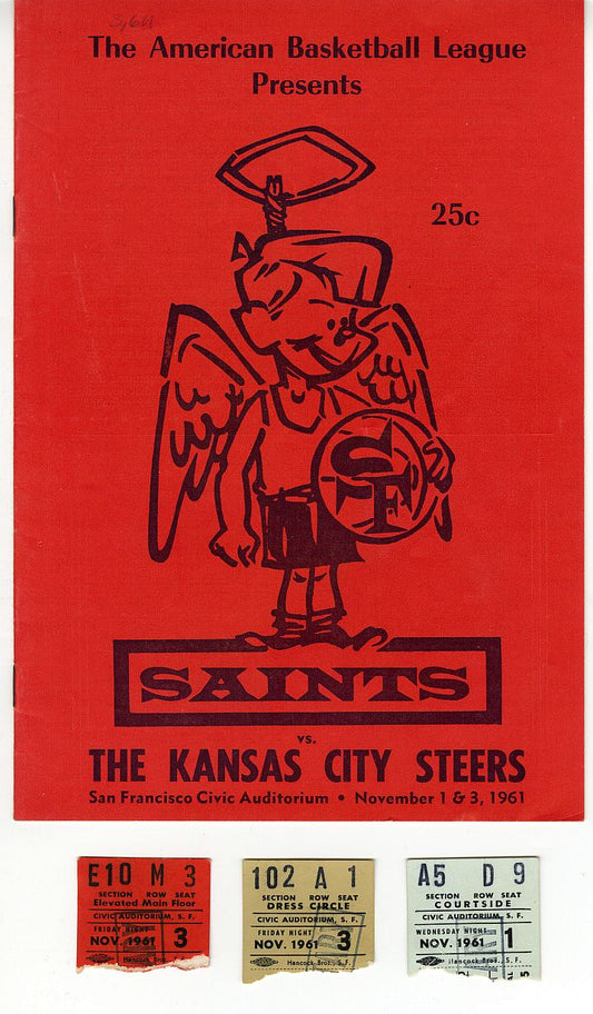 San Francisco Saints vs Kansas City Steers ABL basketball Program & Ticket Stubs Nov. 1 & 3, 1961 - 1st game in Steers HISTORY