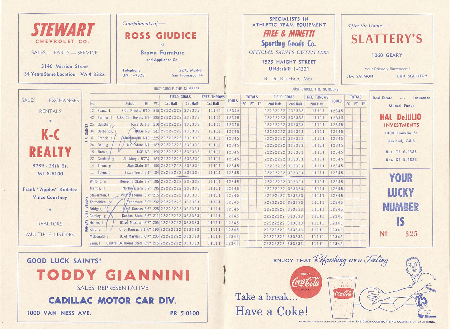 San Francisco Saints vs Kansas City Steers ABL basketball Program & Ticket Stubs Nov. 1 & 3, 1961 - 1st game in Steers HISTORY