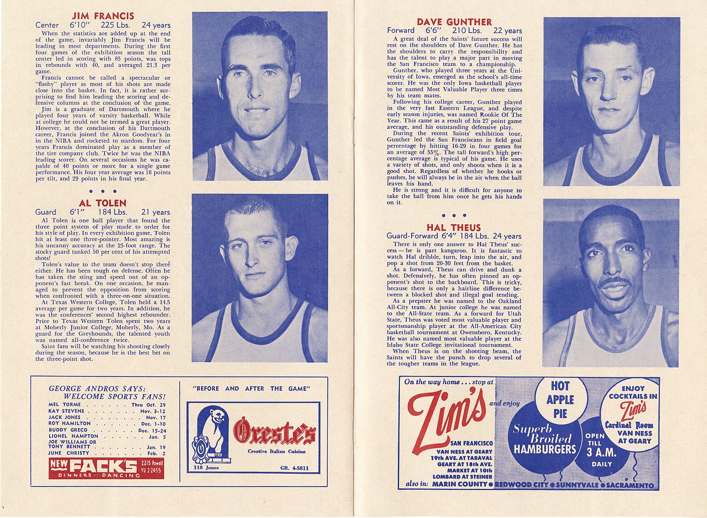 San Francisco Saints vs Kansas City Steers ABL basketball Program & Ticket Stubs Nov. 1 & 3, 1961 - 1st game in Steers HISTORY