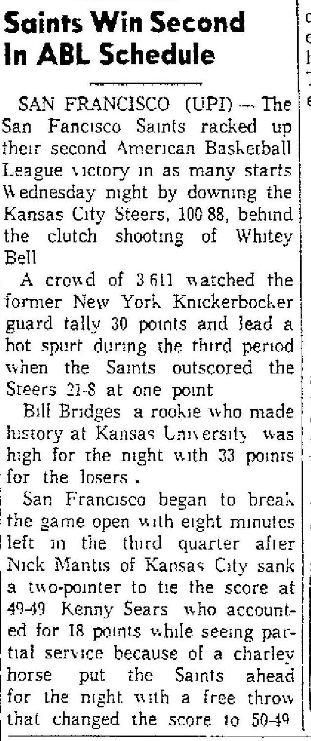 San Francisco Saints vs Kansas City Steers ABL basketball Program & Ticket Stubs Nov. 1 & 3, 1961 - 1st game in Steers HISTORY