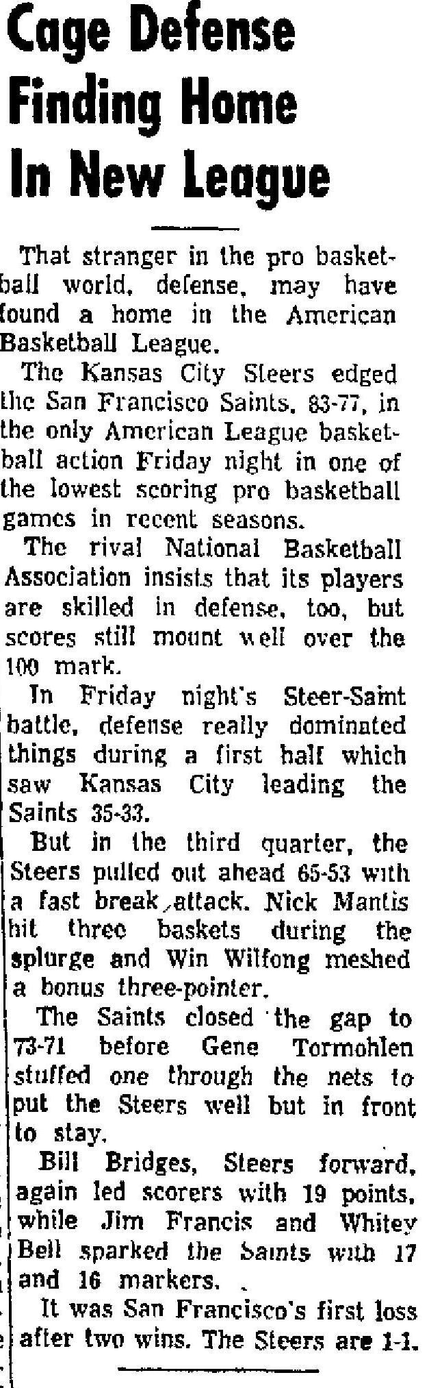 San Francisco Saints vs Kansas City Steers ABL basketball Program & Ticket Stubs Nov. 1 & 3, 1961 - 1st game in Steers HISTORY