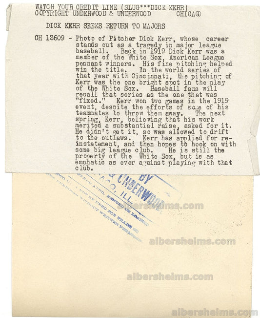 1922 Dickie Kerr Black Sox aka 1919 White Sox Seeks Reinstatement Original TYPE I Photo