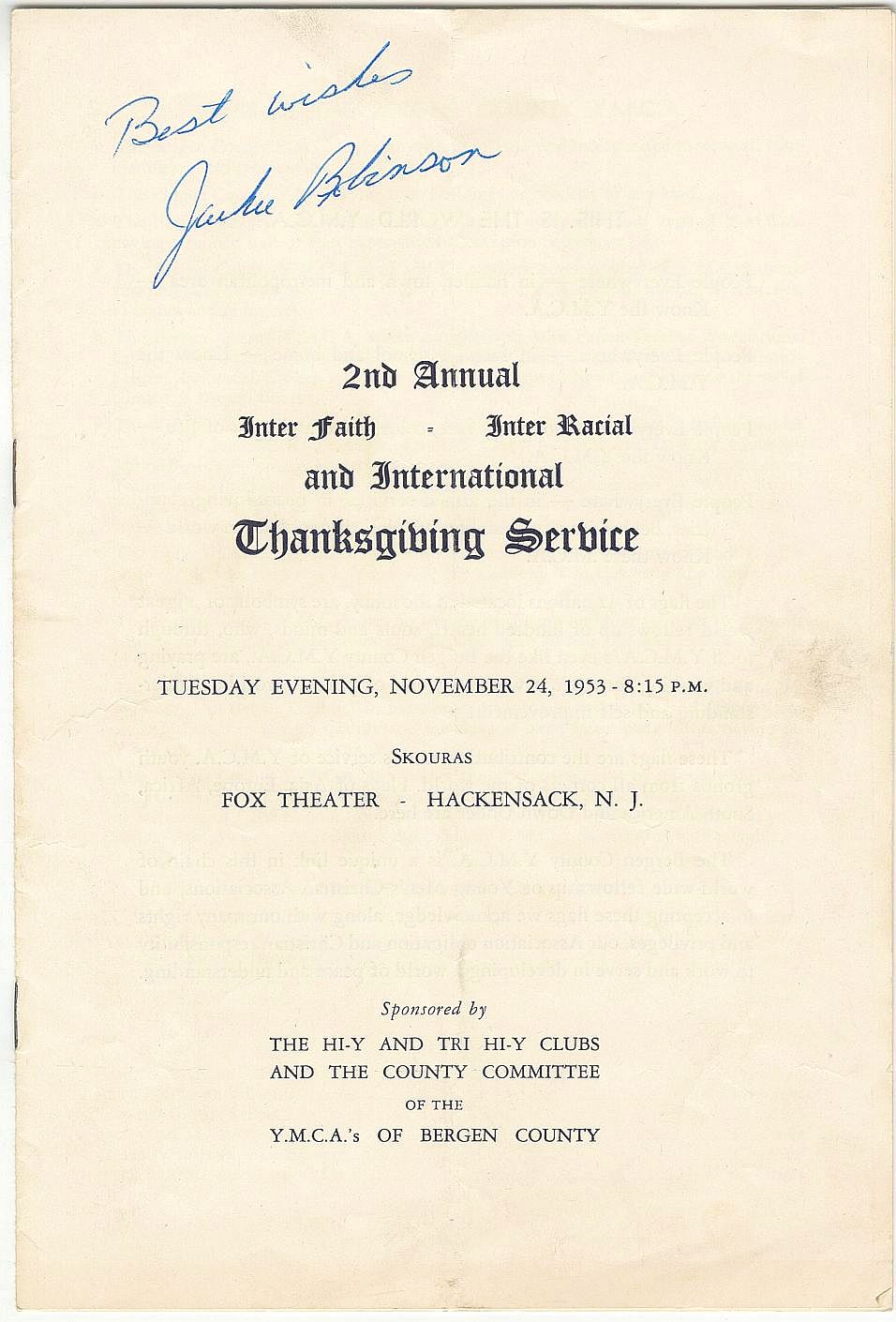Jackie Robinson Signed AUTO 1953 Interfaith Interracial Thanksgiving Religious Service Program PSA/DNA LOA
