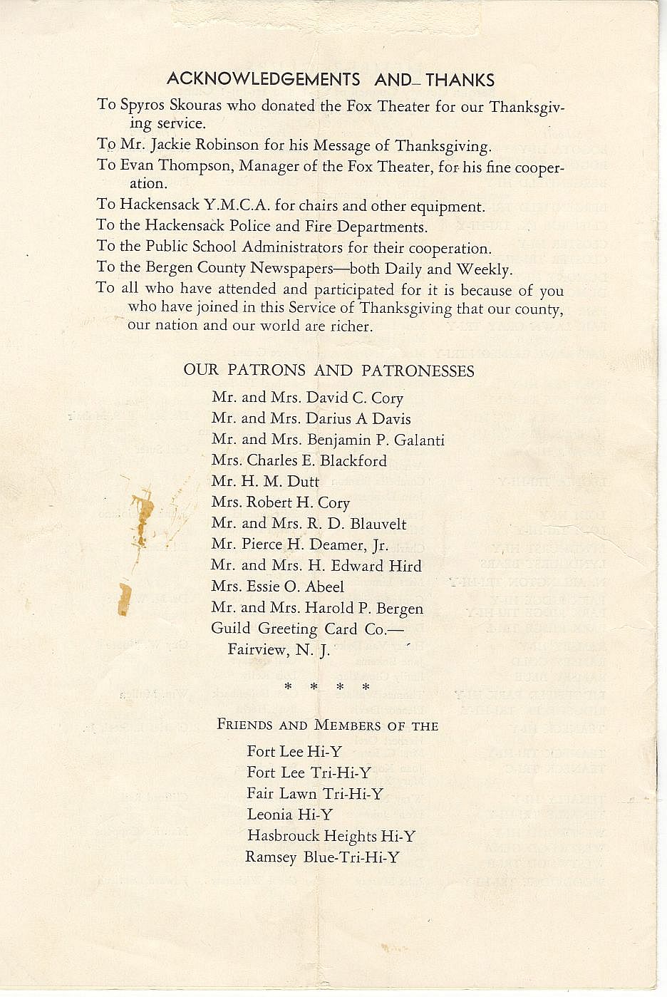 Jackie Robinson Signed AUTO 1953 Interfaith Interracial Thanksgiving Religious Service Program PSA/DNA LOA