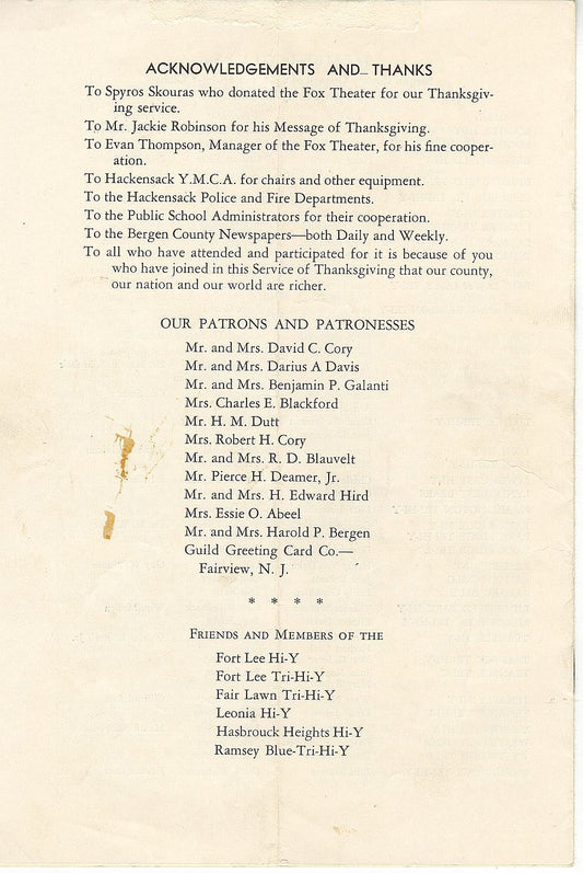 Jackie Robinson Signed AUTO 1953 Interfaith Interracial Thanksgiving Religious Service Program PSA/DNA LOA