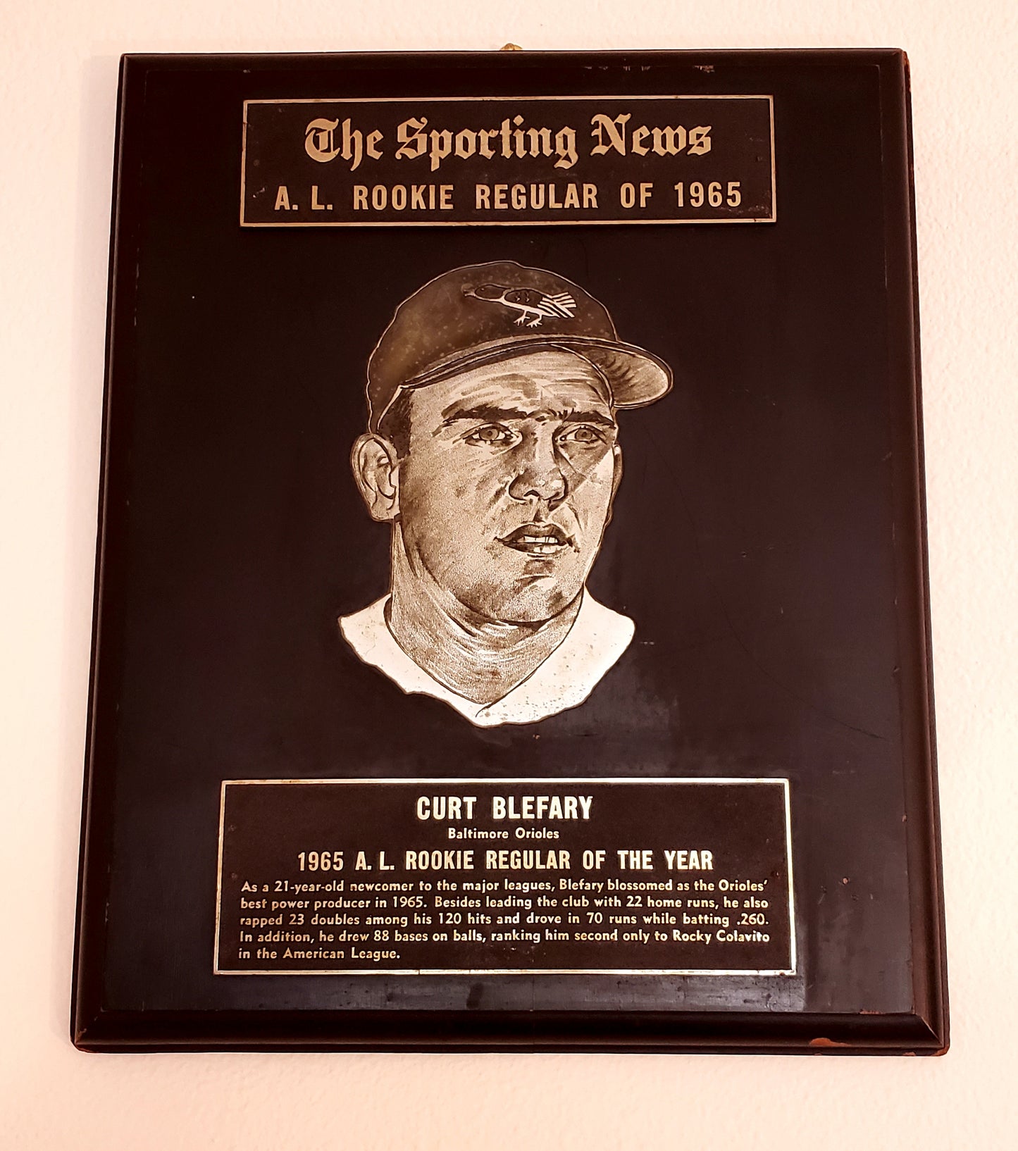 Curt Blefary's Personally Owned 1965 Sporting News AL Rookie of the Year Award
