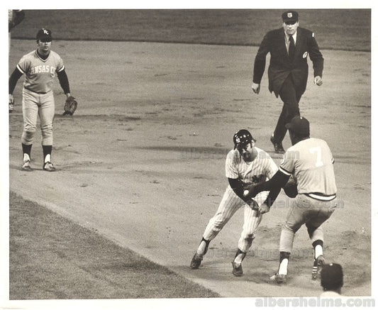 1973 Thurman Munson Rare Shot on the Bases Tagged Up by Royals Star - John Mayberry Original TYPE I Photo