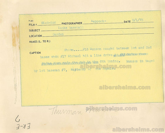 1973 Thurman Munson Rare Shot on the Bases Tagged Up by Royals Star - John Mayberry Original TYPE I Photo