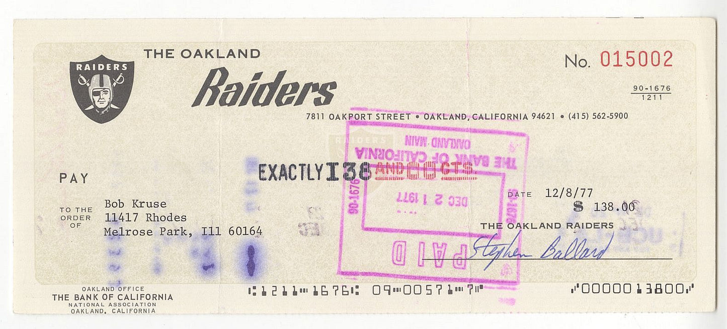 Bob Kruse Signed AUTO 1977 Oakland Raiders NFL Football payroll Check