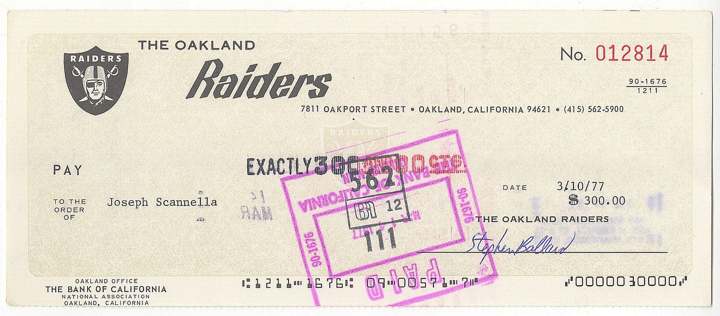 Joseph Joe Scanella Signed AUTO 1977 Oakland Raiders NFL Football payroll Check