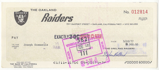 Joseph Joe Scanella Signed AUTO 1977 Oakland Raiders NFL Football payroll Check