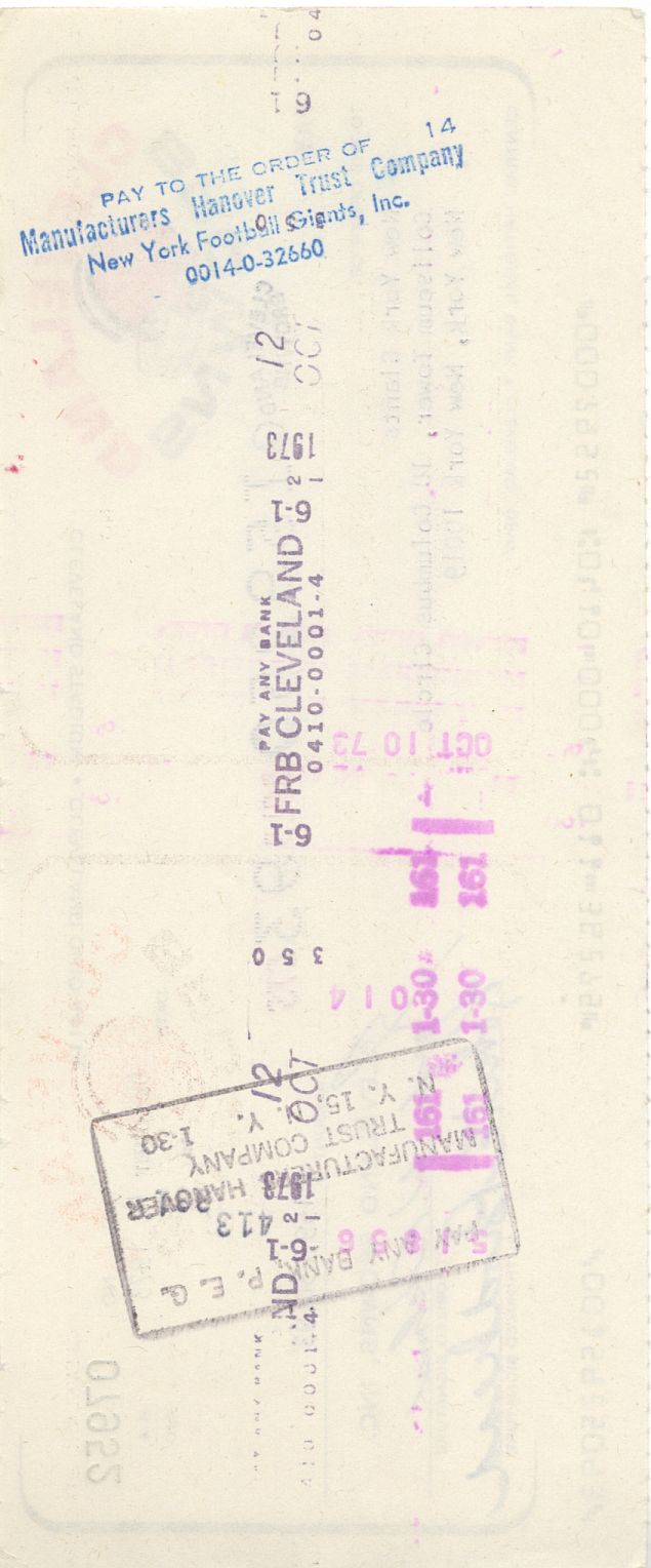 1973 Cleveland Browns NFL Payroll Check to NY Giants for Game Proceeds Signed by Bob Brodhead