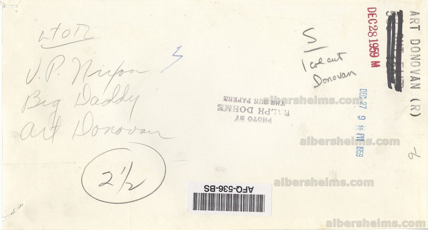 1959 Richard Nixon Meets Art Donovan & Big Daddy Lipscomb Baltimore Colts NFL Championship Locker Room Celebration Original TYPE I photo